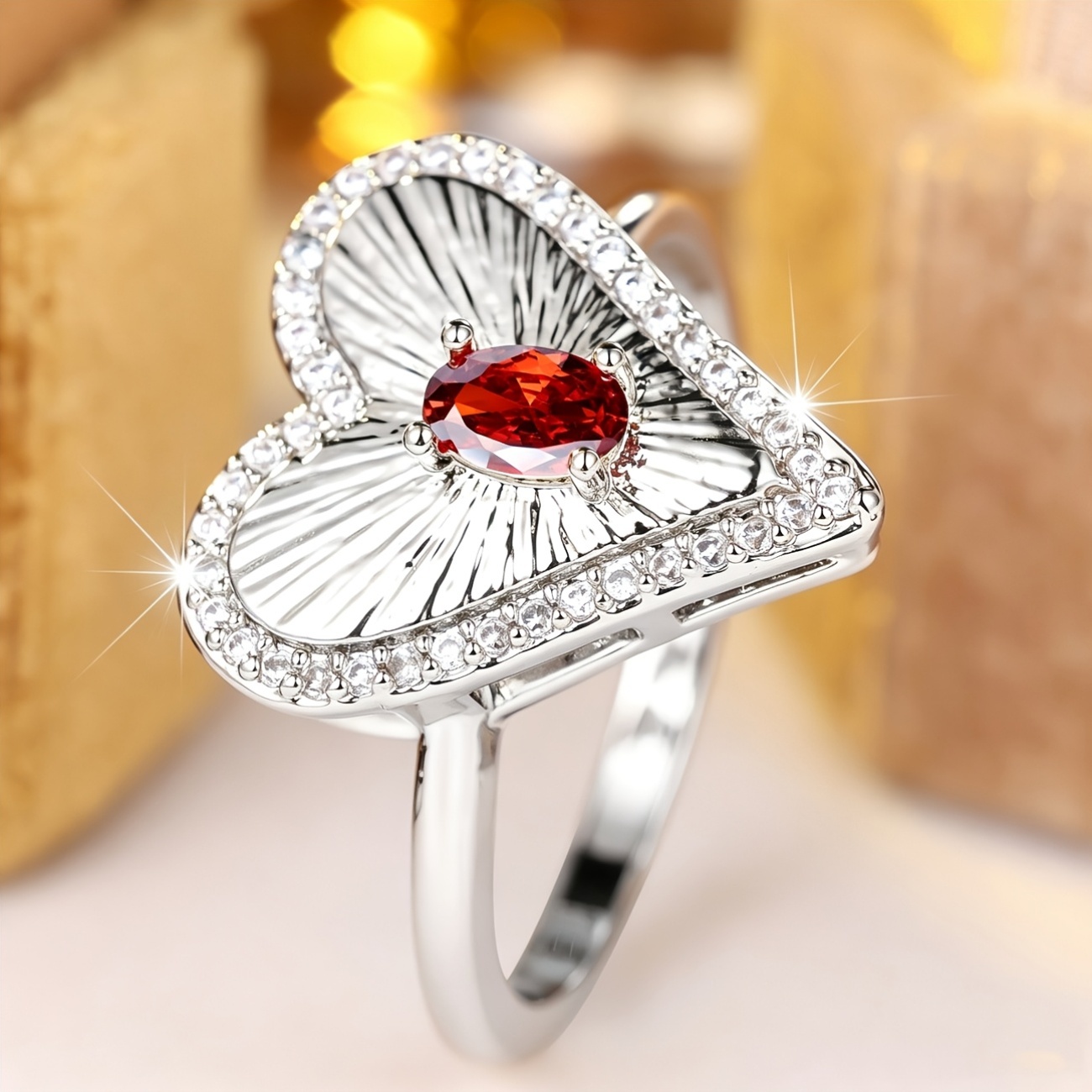 Women's Elegant Red Synthetic Zirconia Inlaid Ring, Luxurious Style